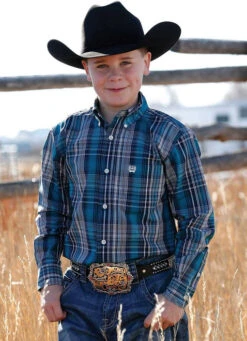 Boys Cinch Blue Teal Plaid Button-Down Shirt