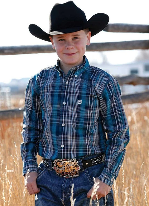 Boys Cinch Blue Teal Plaid Button-Down Shirt 1 Boys Cinch Blue Teal Plaid Button-Down Shirt
