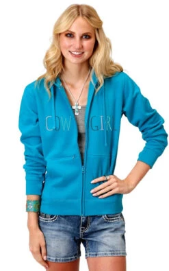 Roper Cowgirl Zip Hoodie With Thumb Holes -Horseback Riding Clothing Store cowgirl hoodie thumb holes blue front 0309805144033 roper 38109.1653413363