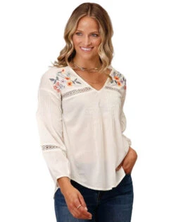 Roper Embroidered Pintuck 3/4 Sleeve Top -Horseback Riding Clothing Store embroid pintuck 3 4 sleeve white front1 0305005650561 roper 49544.1683936597