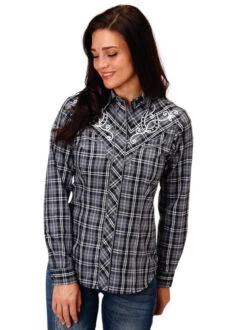 Roper Plaid Embroidered Horseshoe Shirt Long Sleeve -Horseback Riding Clothing Store embroid shoe plaid ls grey front 0105000244023 roper 11802.1663802606