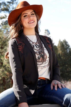 Cruel Denim Embroidered Blazer -Horseback Riding Clothing Store embroidered blazer brown front CWJ7274003 miller international 33213.1691012405