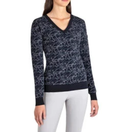 Equiline Engre Jacquard V-Neck Sweater -Horseback Riding Clothing Store engre v neck jaquard blue front R09774 245 equiline 15305.1661441760