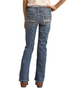 Girls Rock & Roll Cowhide Trim Bootcut Jean -Horseback Riding Clothing Store girls cowhide trim jean back RRGD4MR108 BZ RR 75696.1678746161