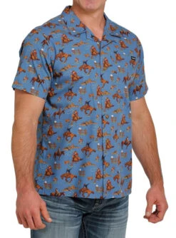 Men's Cinch Horse Print Camp Shirt -Horseback Riding Clothing Store horse print camp shirt blue side MTW1401009 miller 13299.1668118849