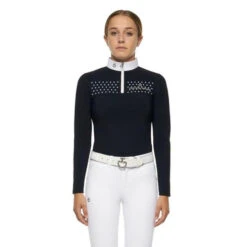 Girls Cavalleria Toscana Flock Dot Polo Long Sleeve -Horseback Riding Clothing Store kid flock print polo navy front POA077 JE152 7901 cavalleria toscana 99751.1656797677
