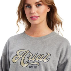Ariat REAL Metallic Varsity Logo Crop Sweatshirt -Horseback Riding Clothing Store real metallic varsity crop heather grey detail 10041817 ariat 35868.1660599776