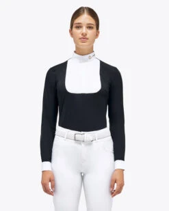 Cavalleria Toscana REVO Pleated Bib Show Shirt -Horseback Riding Clothing Store revo pleated bib ls black front CAD210 JC031 9999 cavalleria toscana 75345.1659823879