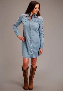 Stetson Southwest Embroidered Denim Dress -Horseback Riding Clothing Store southwest embroidered dress denim front 1105705942010 stetson 72548.1678230659